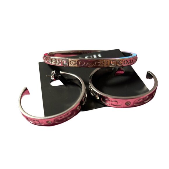 COACH Silver Signature Hoop Earrings (NWT) & Coach Signature Coach Bangle (Used) - Picture 1 of 7